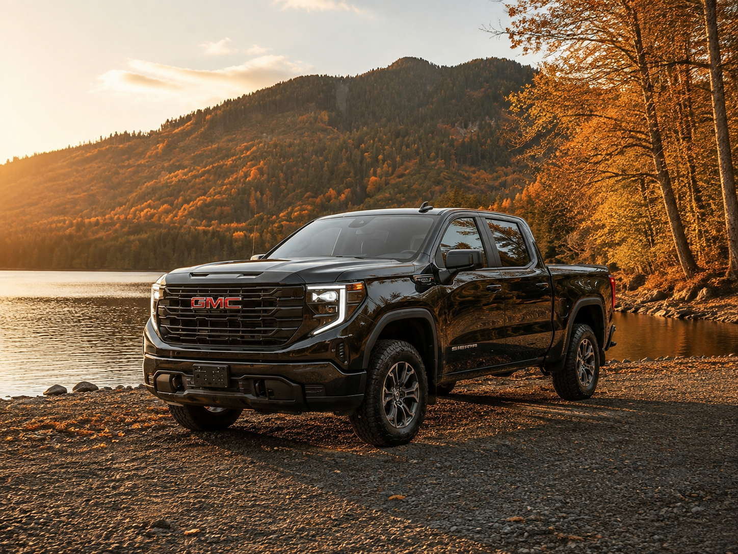 2026 GMC Sierra 1500 Crew Cab in a warm autumn lakeside setting