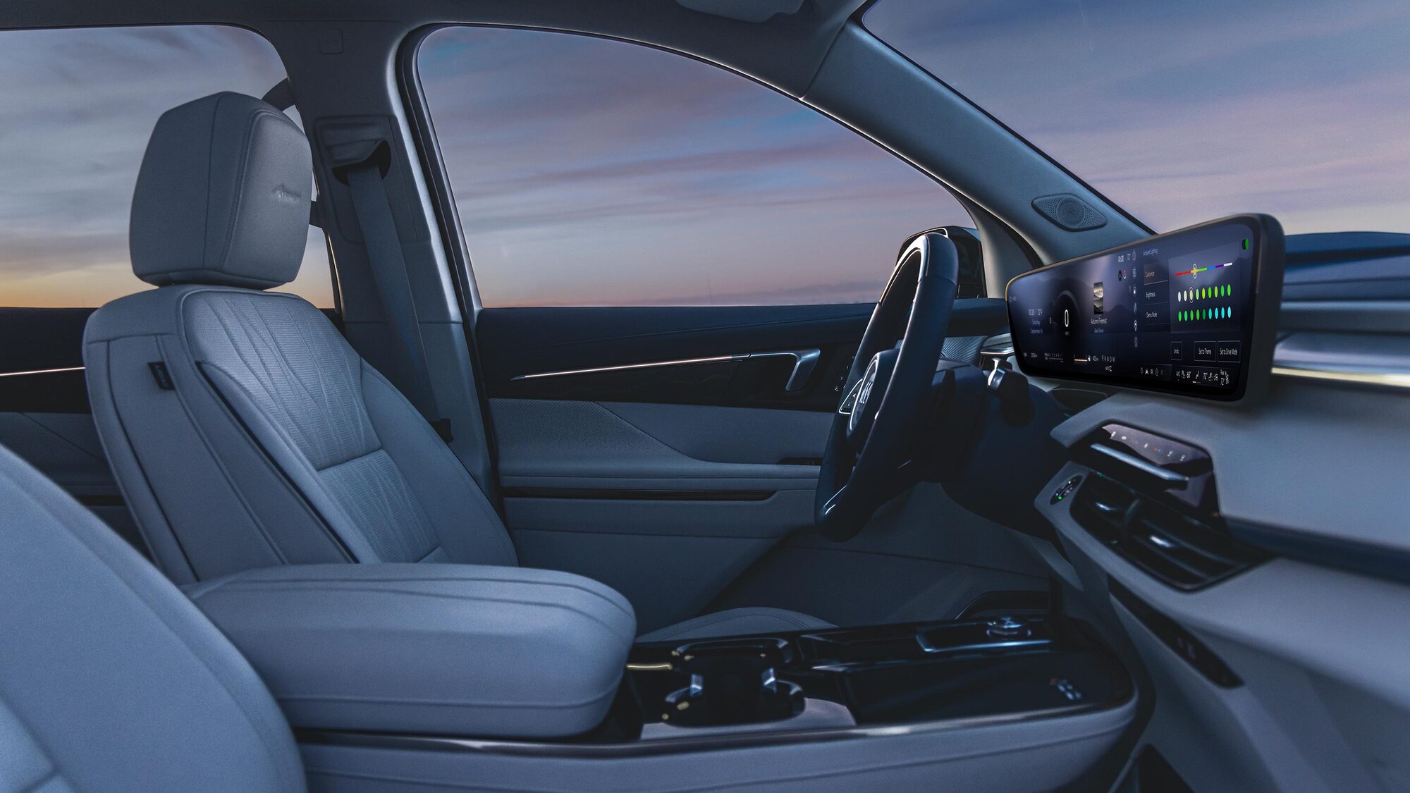 Side view of the front interiors of the 2026 Buick Enclave SUV.